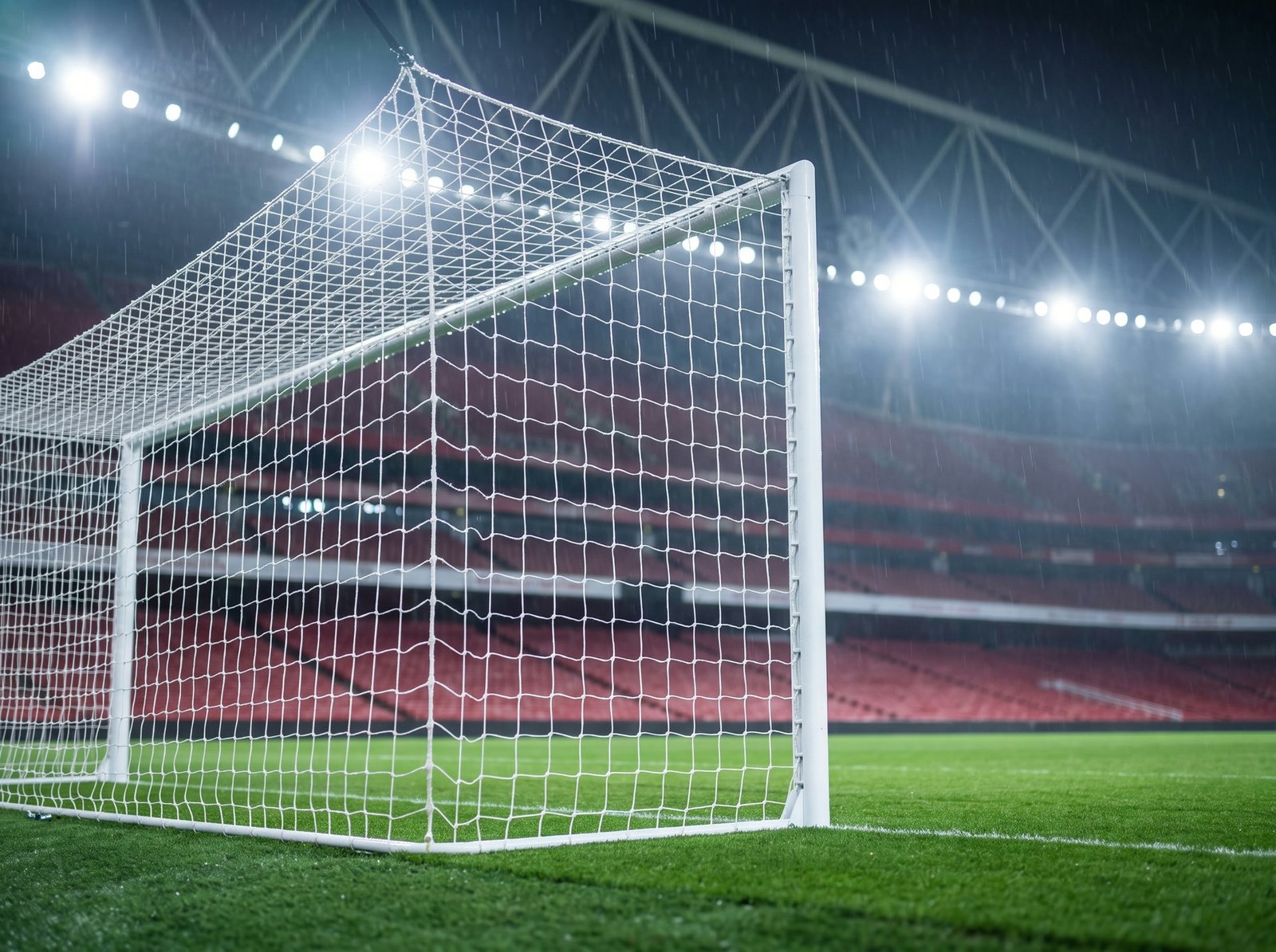 A white goal net in the rain with the red stands out of focus behind it
